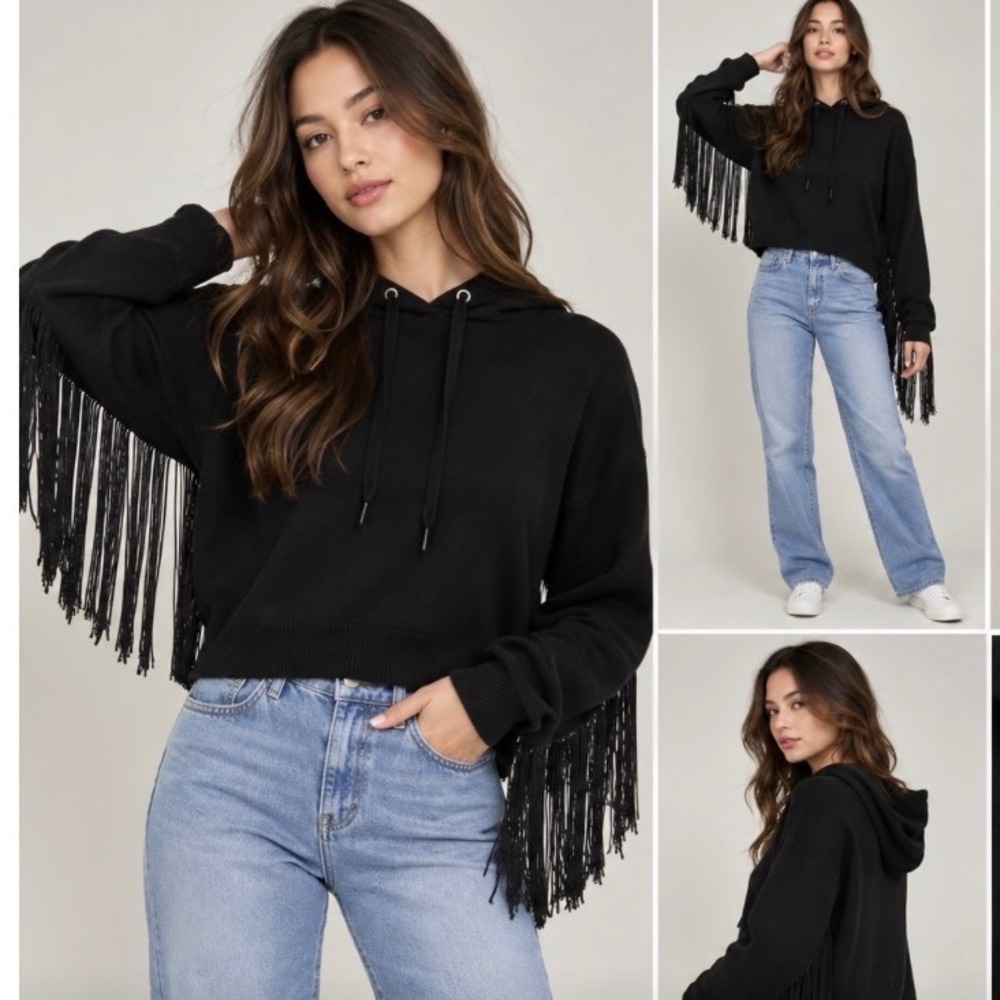 Zara Black Knit Fringe Sleeve Cropped Hoodie Womens Medium Drawstring Pullover